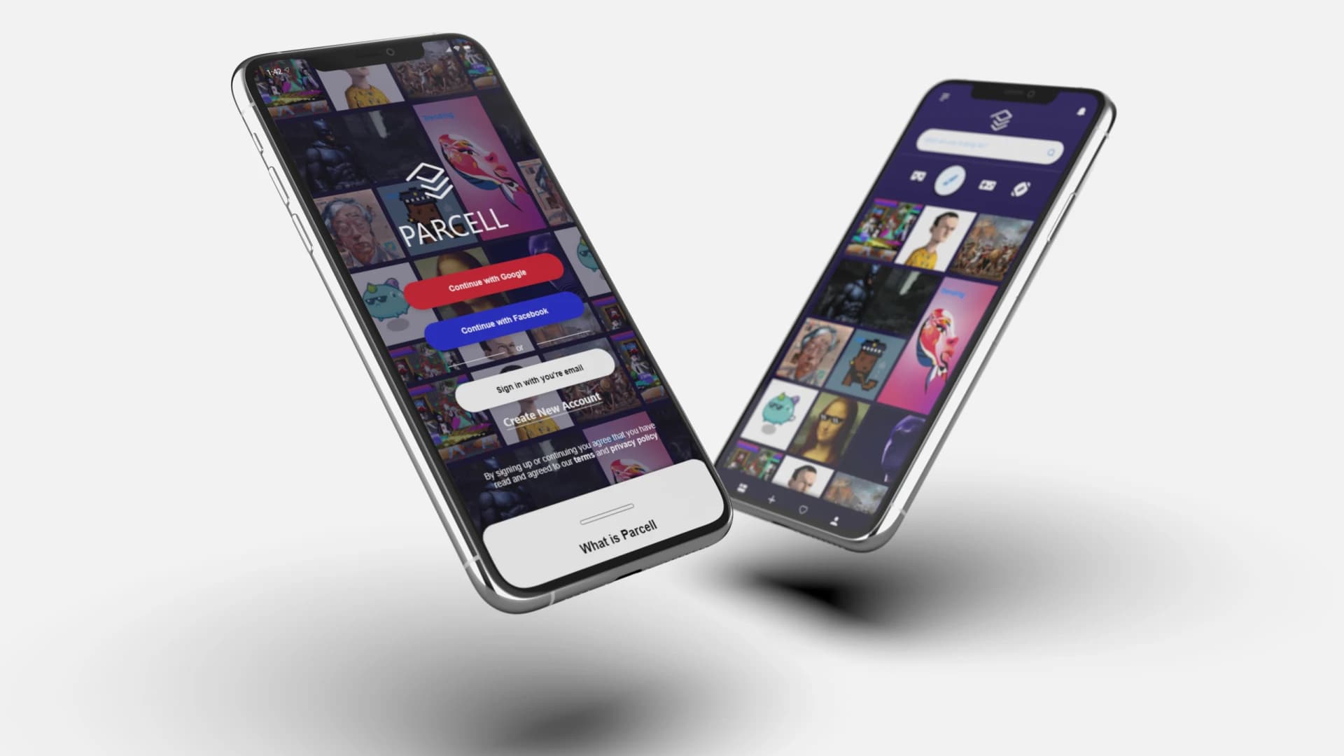 Two phones showing a digital art app's sign-in screen and its browsing grid.